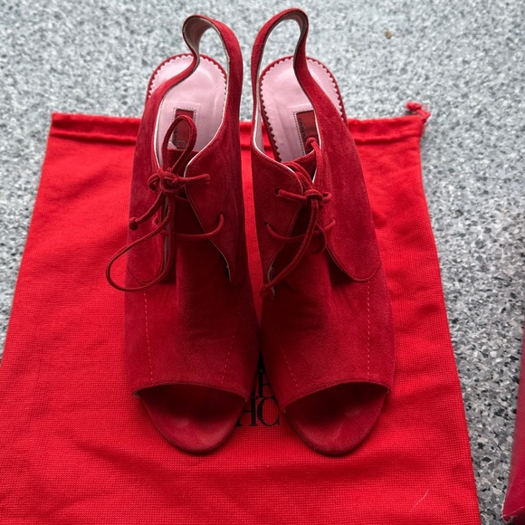 Carolina Herrera Red Suede Open Toe Booties Heels EU 40 US 9.5 Lace Up Luxury - Picture 11 of 11